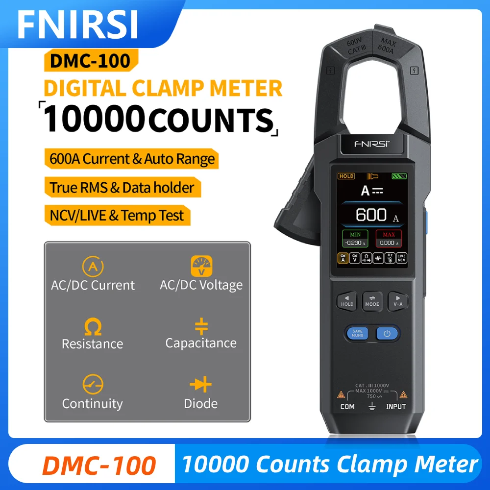 FNIRSI DMC-100 Digitalmultimeter 600 A AC DC Strom TFT Farbbildschirm Spannungszangenmessgerät mit USB-Ladegerät für Elektriker-Werkzeuge