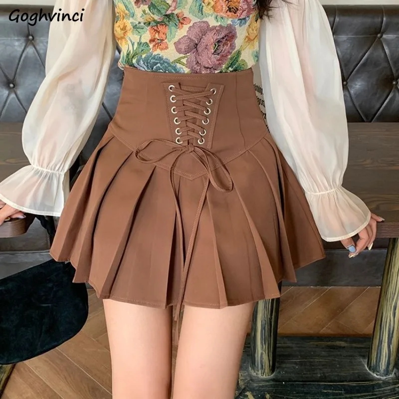 

Khaki Bandage Skirts Women Pleated Mini Bodycon High Waist European Style A-line Hot Girls Ins Chic Solid All-match Vintage Jupe