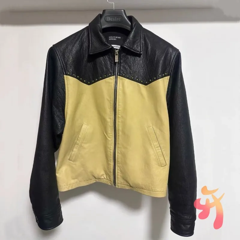 24ss Men Women Winter ERD Jackets Motorcycle Boy Street Rivet Oil Wax Foam Leather Yellow Black Contrasting Coats with Dust Bag