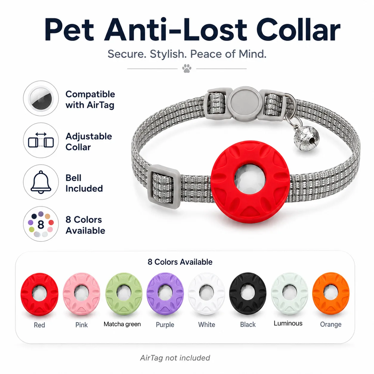 Pet Anti-lost Collar For Apple AirTag Air Tag Pet Collar with Airtag Holder and Bell Reflective GPS Kitten Collar for Cats Dogs