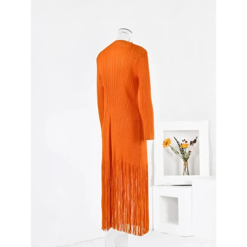 YUDX Miyake Tassel Pleated Dress Women Round Neck Long Sleeves Orange Color Fashion Dresses Party Clothes 2024 Autumn New