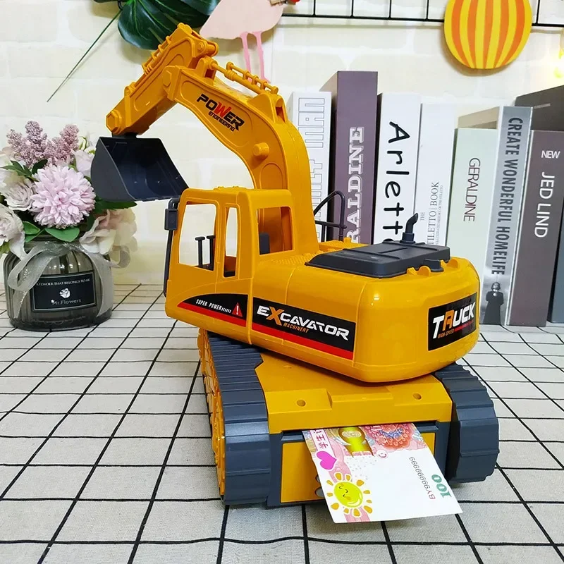 Electronic Piggy Bank Excavator with Password or Fingerprint Lock, Cartoon Excavator Coin Bank Money Box Home Decor