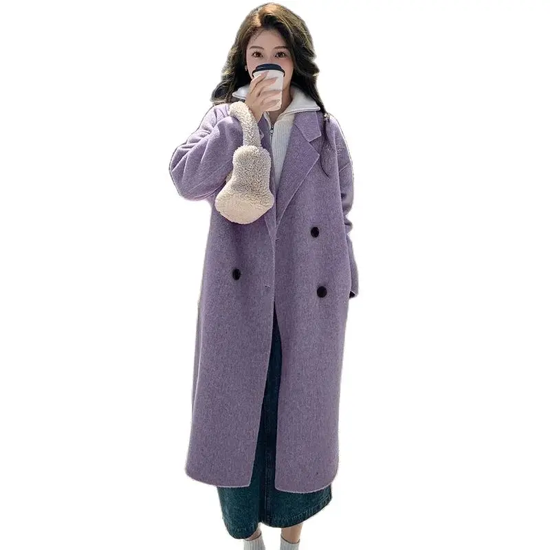 Pink Double-faced Woolen Coat Women's Fall/Winter New Korean Version With Loose Temperament And Long Over-the-knee Woolen Coat.