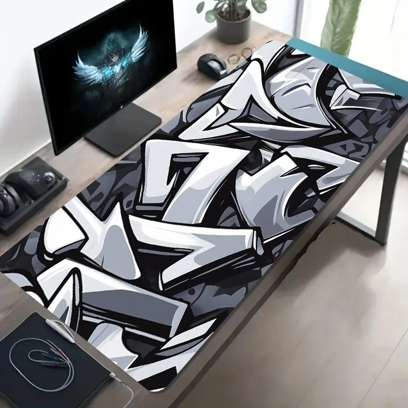 

Черно-белый коврик для мыши с граффити и буквами, большой игровой аксессуар для киберспорта, коврик для мыши xxl, нескользящий моющийся резиновый коврик для стола