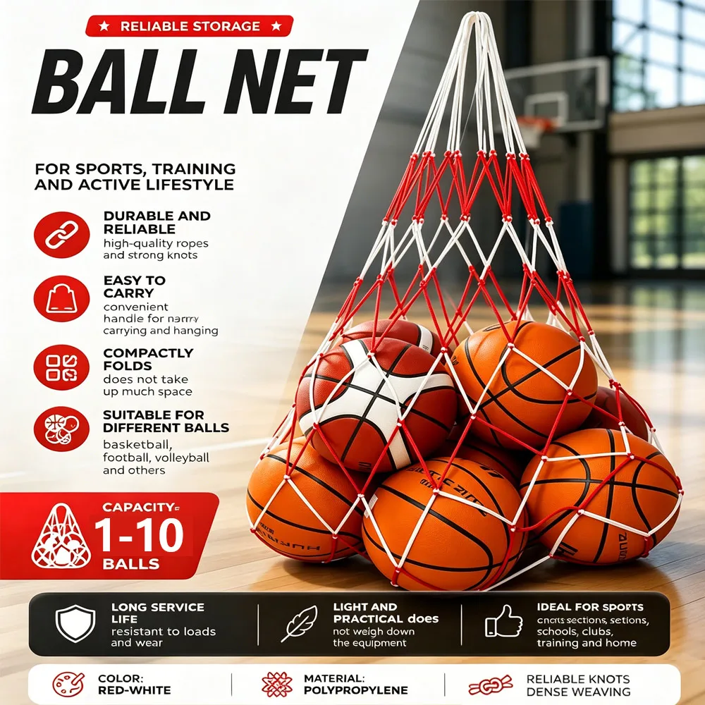 Sac de transport pour balles, capacité de 1 à 10 balles, sac en maille polypropylène robuste pour basket-ball, football, volley-ball, rouge-blanc