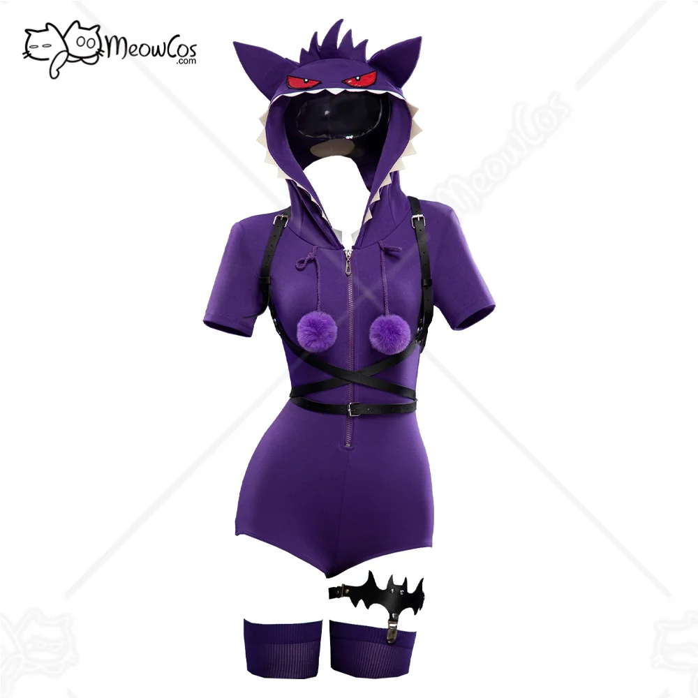 

MEOWCOS женский фиолетовый сексуальный комбинезон с призраком, боди с капюшоном и чулками с поясом и хвостом, костюм для косплея на Хэллоуин