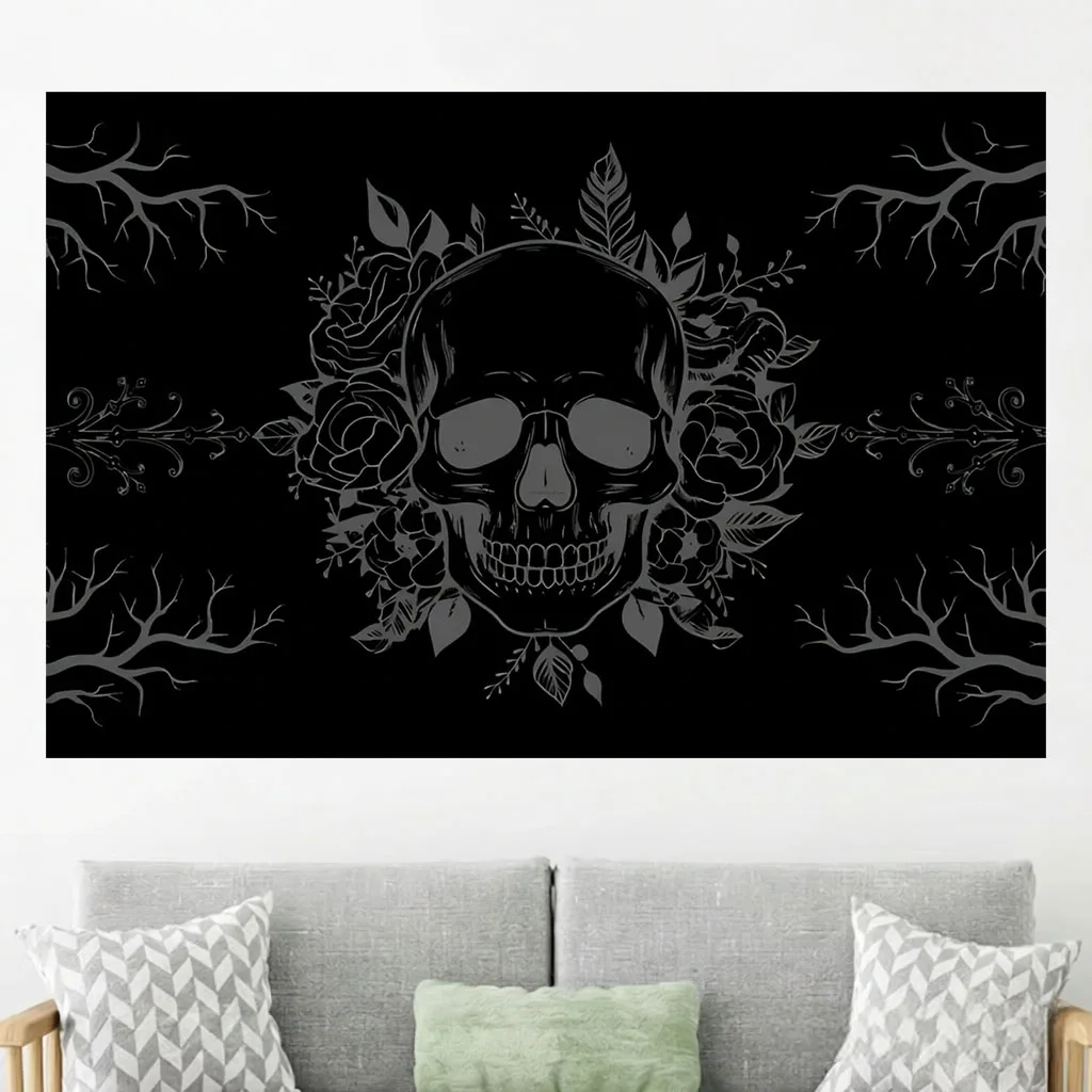Black Gothic Skull Rose Tapestry Vintage Branch Floral Skeleton Wall Hanging Dark Aesthetic Bedroom Dorm Halloween Background
