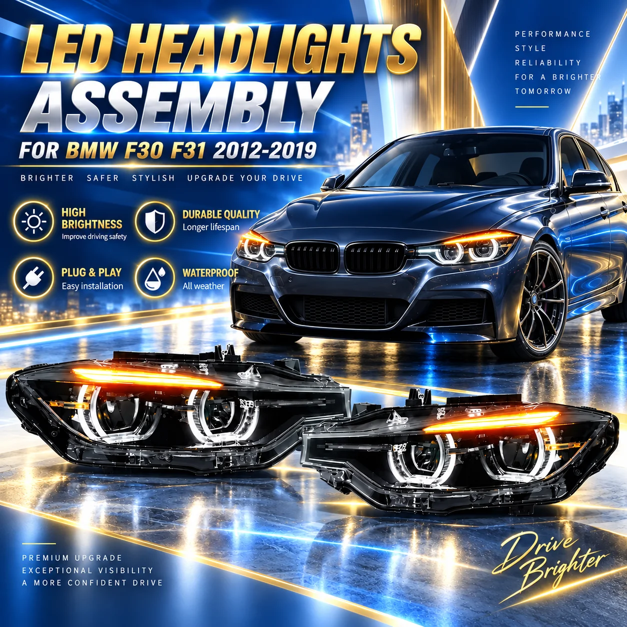 Gruppo Fari LED per BMW Serie 3 F30 F31 318i 320i 325i 2012-2019, Fari Anteriori con DRL e Angel Eye, Accessori Auto per Aggiornamento e Sostituzione