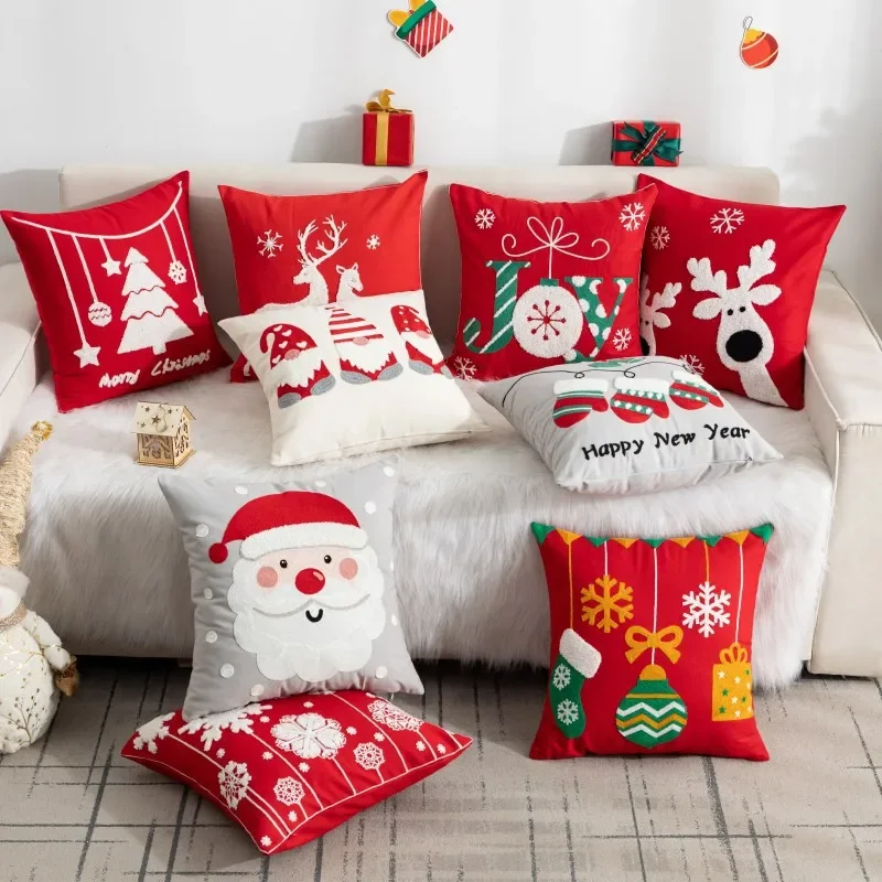 Juste de coussin brodée imprimée de dessin animé de Noël, taie d\'oreiller décorative, père Noël, canapé à la maison