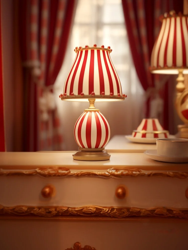 Cute Red White Striped Glass Table Lamp Tassel Fabric Lampshade Retro Bedside Desk Lamp for Bedroom Cafe Decor E27