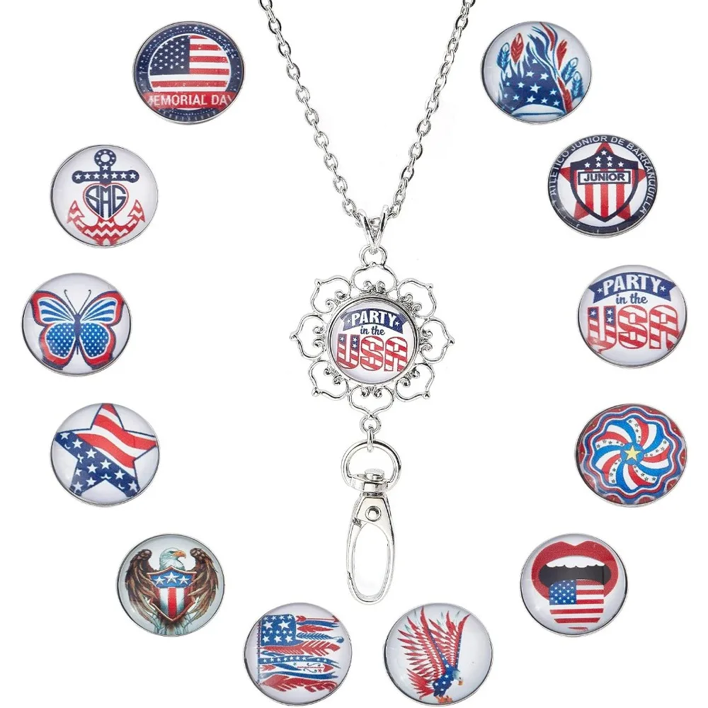 1 Box USA Badge Lanyard ID Badge Lanyard Cute Stainless Steel Badge Holder Cute Necklace Chain 12Pcs Independence Day