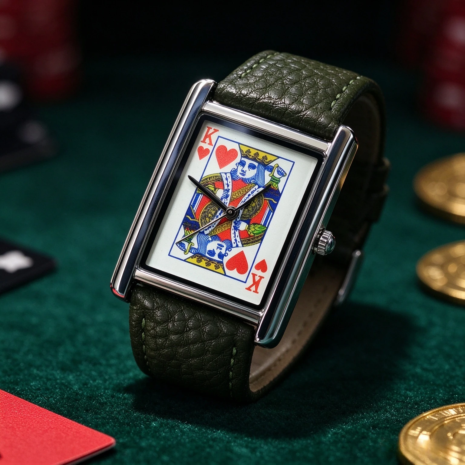 CILOA Men Square Quartz Watch Red Heart King Poker Dial Green Leather Strap Unique Casual Wristwatch Ideal Gift for Poker Lovers