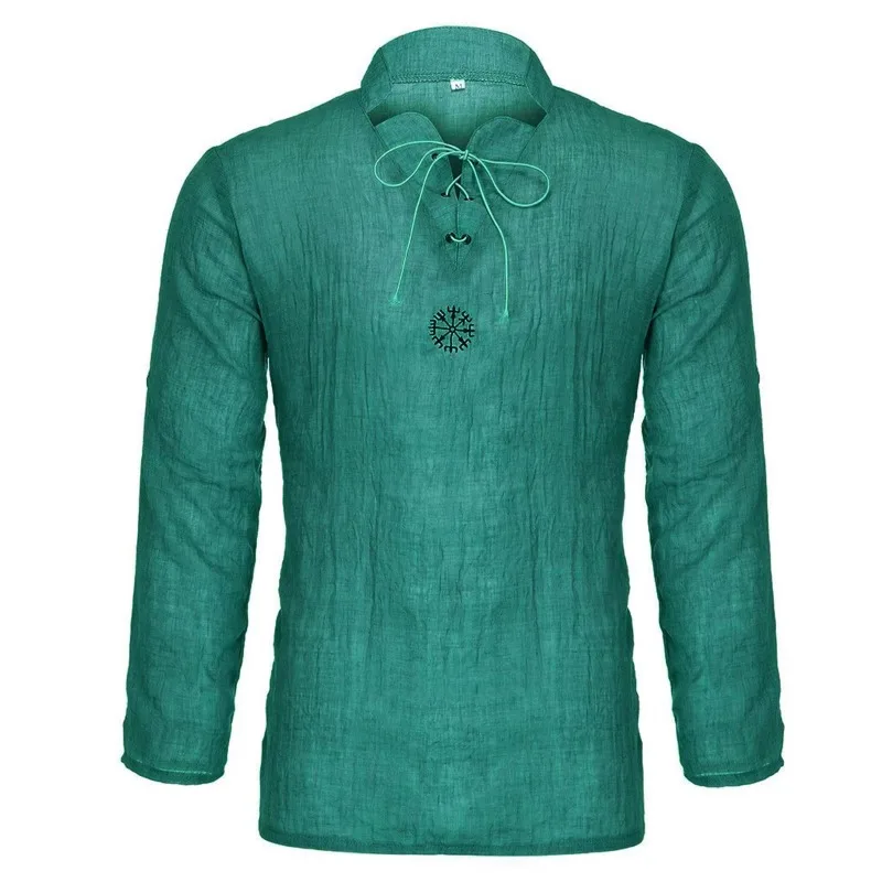 Cotton Linen Tops Shirt Medieval Viking Pirate Costume Renaissance Men Nordic T-shirt Beard Geo Symbol Print Tee Lace-Up