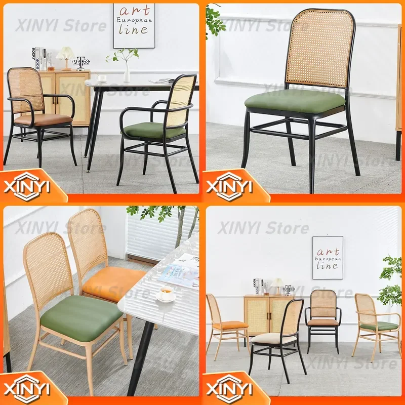Rattan Chair with Armrest for Home Restaurant Study Back Balcony Leisure Stainless Steel Nordic Dining Chair for Cross-border