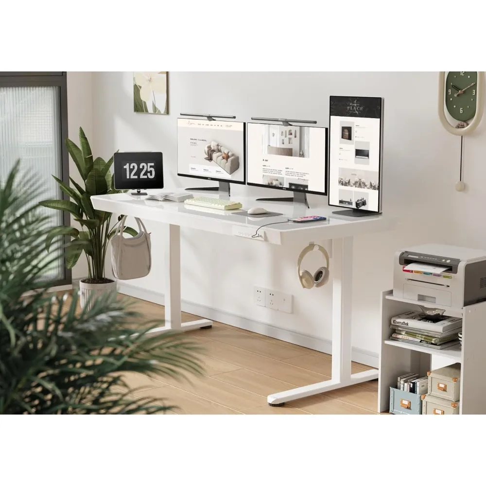 

Glass Standing Desk with Drawers, 55 Inch Adjustable Stand Up Desk, Quick Install Home Office Computer Desks with USB Ports