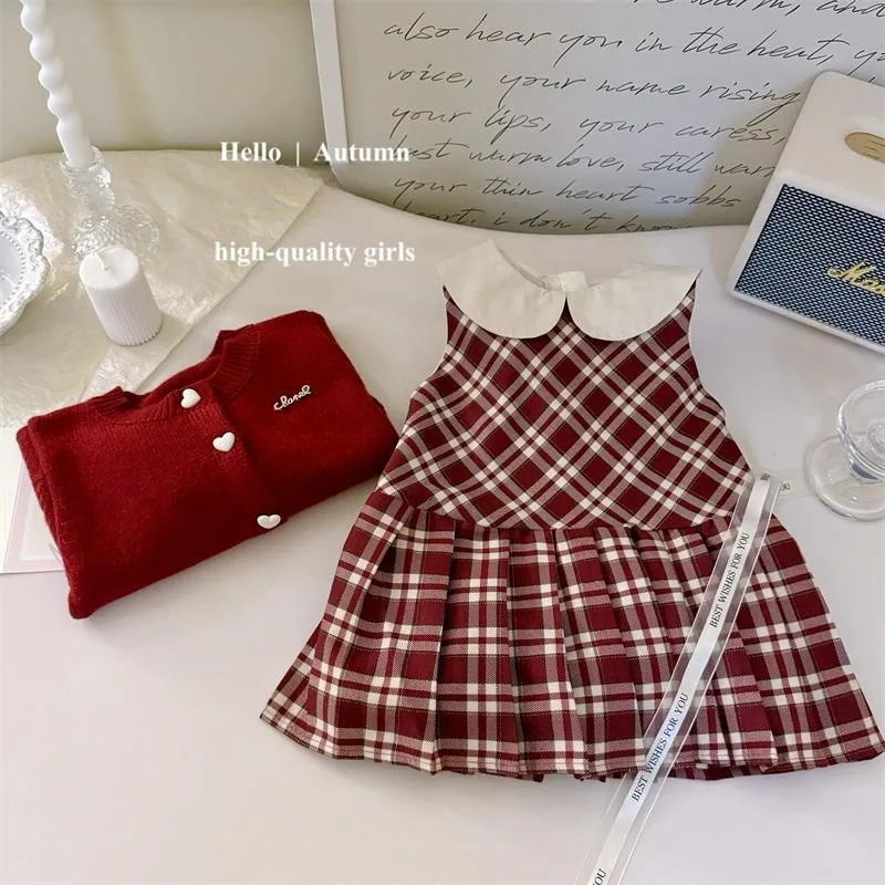 Autumn New Style Baby Girl Tartan Skirt Solid Color Knitted Cardigan Sweater Korean College Style Two-Piece Suit Fashion