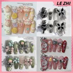 Kawaii Chinese Style 3D Bear Ręcznie robione sztuczne paznokcie Błyszcząca perła Rhinestone Bow Rose Press On Nail Tips Naklejki imprezowe