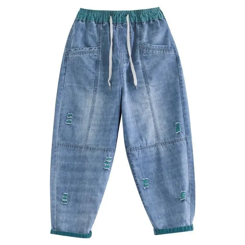 Nine Point Ripped Jeans for Women Summer 2026 New Loose Thin Elastic Waist Casual Harem Pants Female Denim Ankle Length Pants