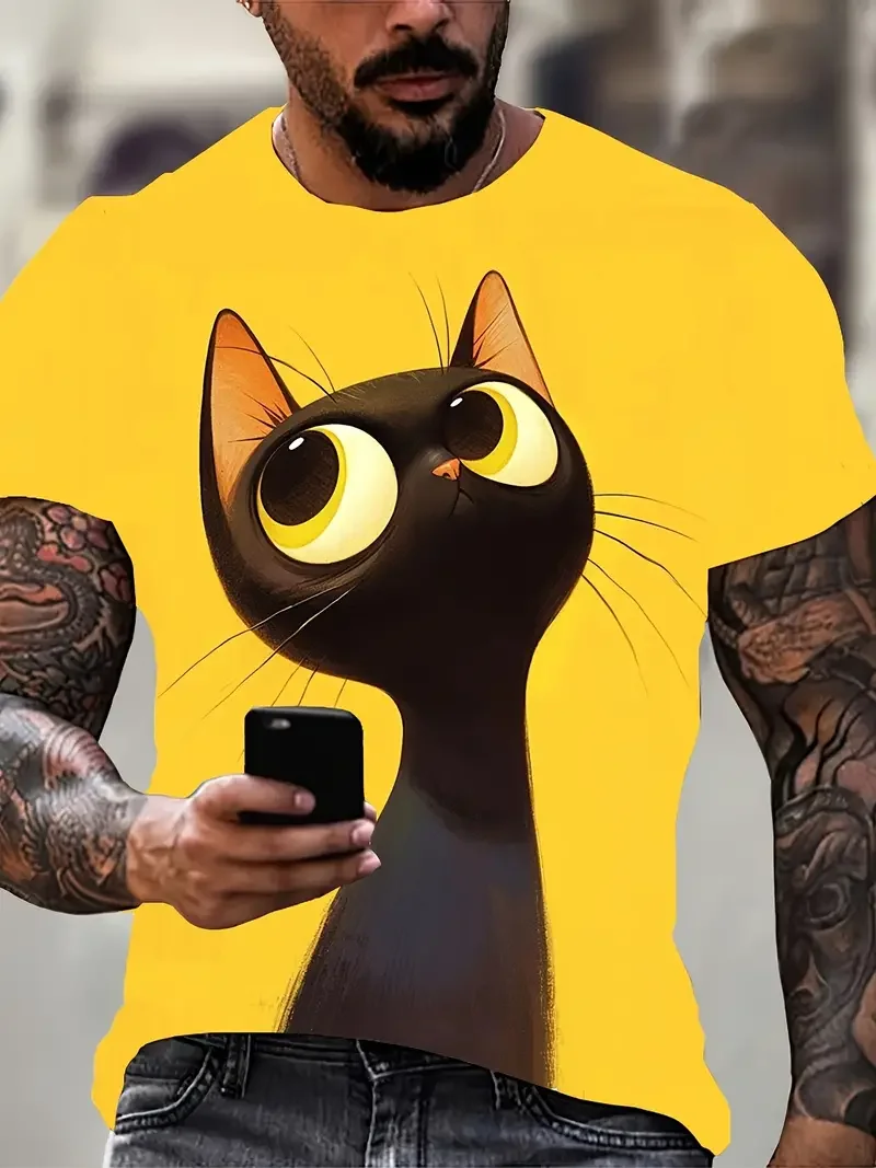 Funny Men's T Shirt Aniaml Cat Print Summer Casual Short Sleeve Tee Street Fashion Crew Neck Pullover Male Oversized Clothing image 3