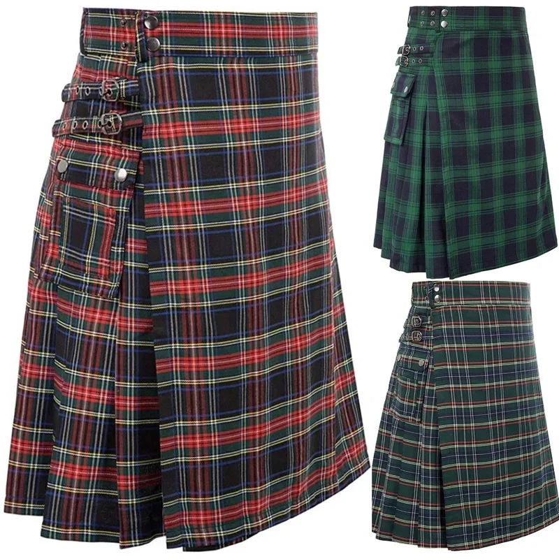 CyMens Scottish Traditional Highland Tartan Kilt 100% Cotton Jeans Hybrid Kilt, Modern Plaid Pleated Traditional Tartan Men's Ki view 2