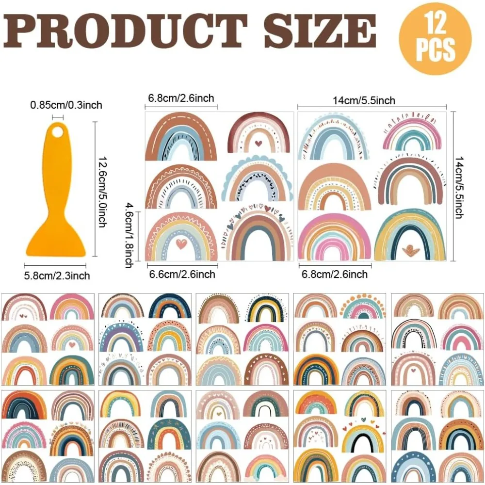 12 Sheets 12 Style PVC Stickers Heat Transfer Film for Window Decoration Rainbow 140x140mm 1 sheet/style