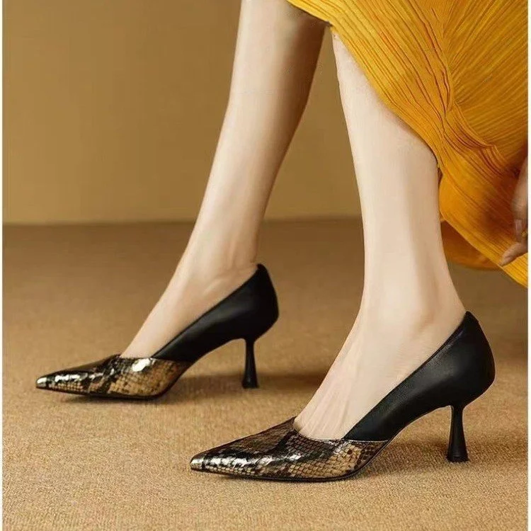 

Leather Snake Skin Pattern High Heels Women's Pointed Toe Thin Heel Soft Bot Not Tired Foot Bla Work oes Elegance Sing...