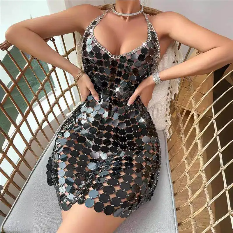 

Sexy Backless Beaded Streetwear Neckline Dress Sleeveless Hanging Collar Three-acetate Fiber 2016 Winter Collection Citywalk