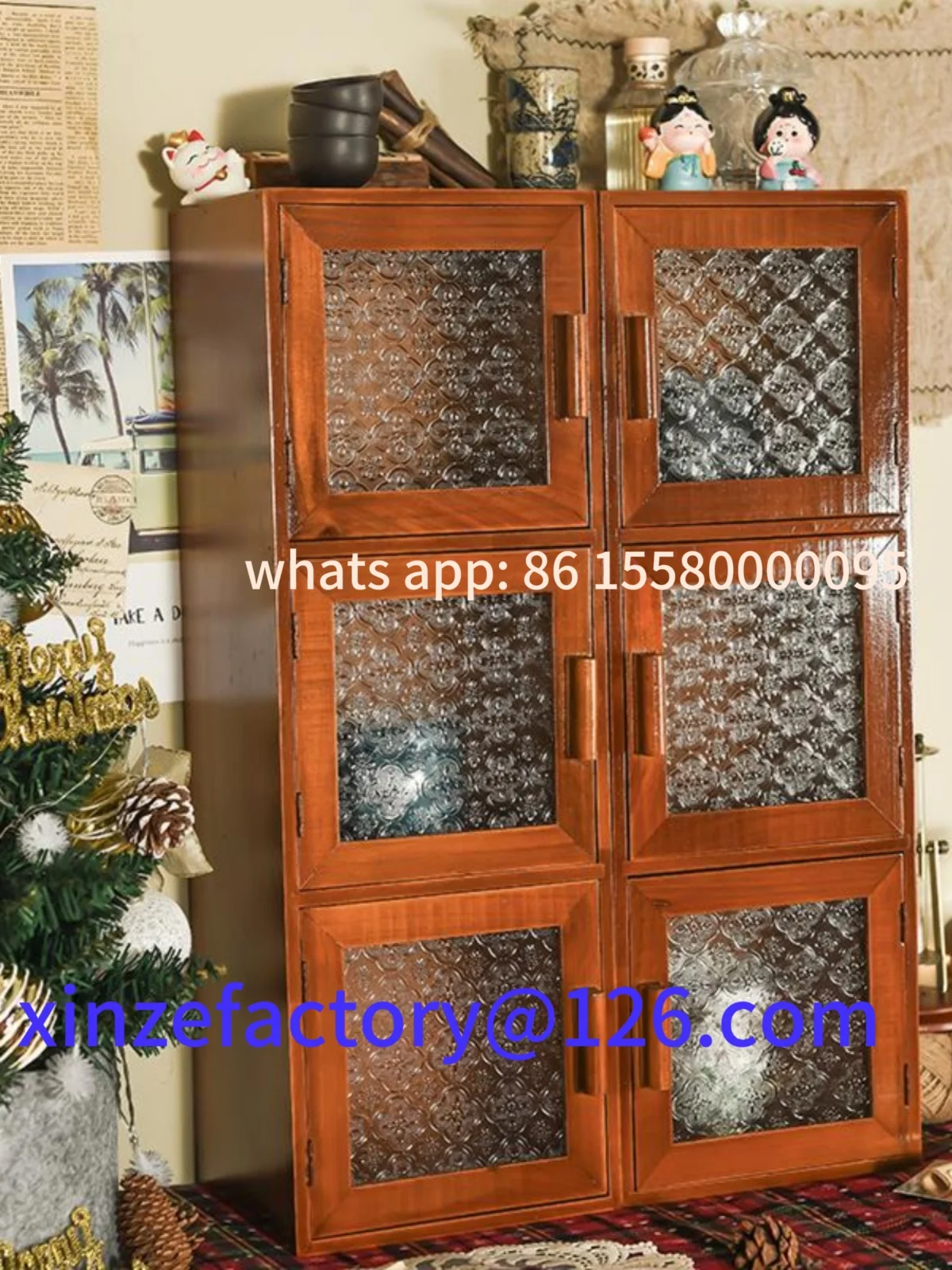 Customizable Retro Wood Storage Cabinet Kitchen Counter Heightened Cup Storage Home Tea Set