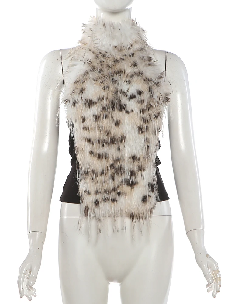 Weird Puss Leopard Furs Tanktop Damenmode Hottie Quasten-Neckholder Rückenfrei Patchwork Mitternacht Street Club Sexy Wild Chic Weste – Detail 3