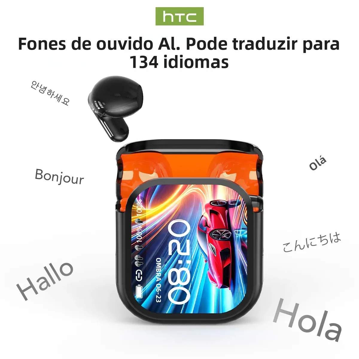 [Tela Ultra HD] HTC NE20 Fones de ouvido Bluetooth V6 TWS Fones de ouvido esportivos sem fio AI Tradutor Earbud Microfone de redução de ruído intra-auricular