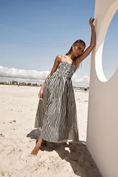 2024 Spring/Summer Stripe Printed Rubber Band Sexy Large Swing Pocket Hanging Strap Dress