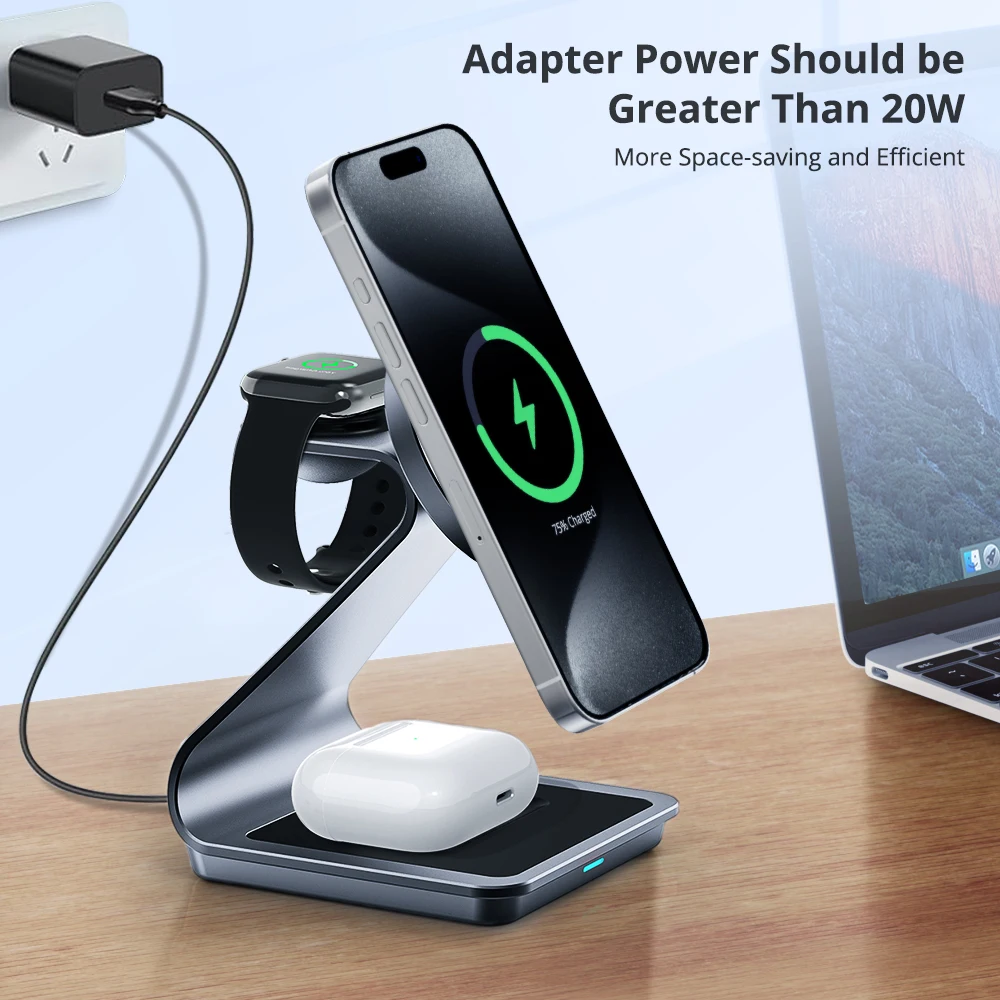 Bonola Metal 3 in 1 Magnetic Charger Stand for iPhone 15 Pro Max/14/13/Apple Watch Magnetic Wireless Charger Station for AirPods