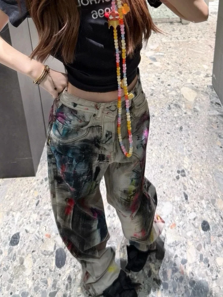 

Casual Wide Leg Jeans Men's 3D Printed Splatter fiti Denim Pants Youthful Vitali Sle Straight Tube Jeans Summer Season