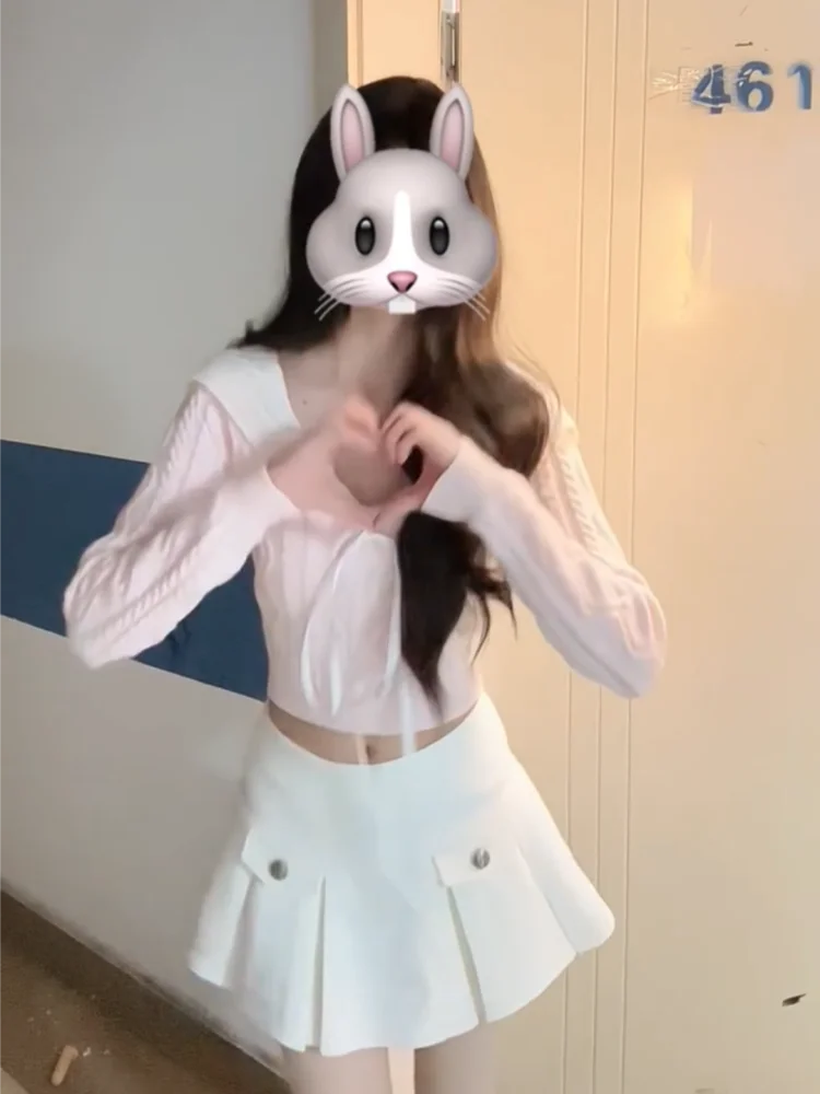 

Chic Pink Navy Collar Two-Piece Set College Sle Gentle Aesthetic Spring Faion Women's Ensemble High Waist ort Skirt Top