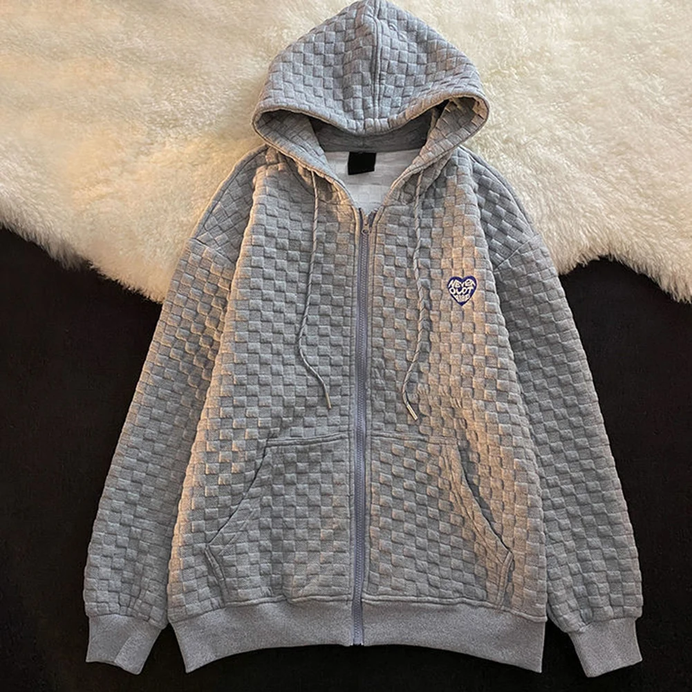 Womens hooded sweatshirt loose waffle check pattern with zipper pocket drawstring longsleeved casual street style outerwear