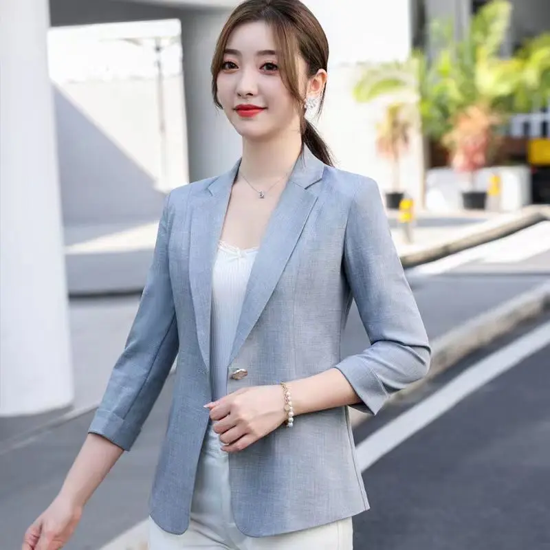 Notched Button Skinny Temperament Effen Kleur Formele Office Lady Modieuze Blazers Drie Kwart Mouw Vrouwen Kleding Dunne