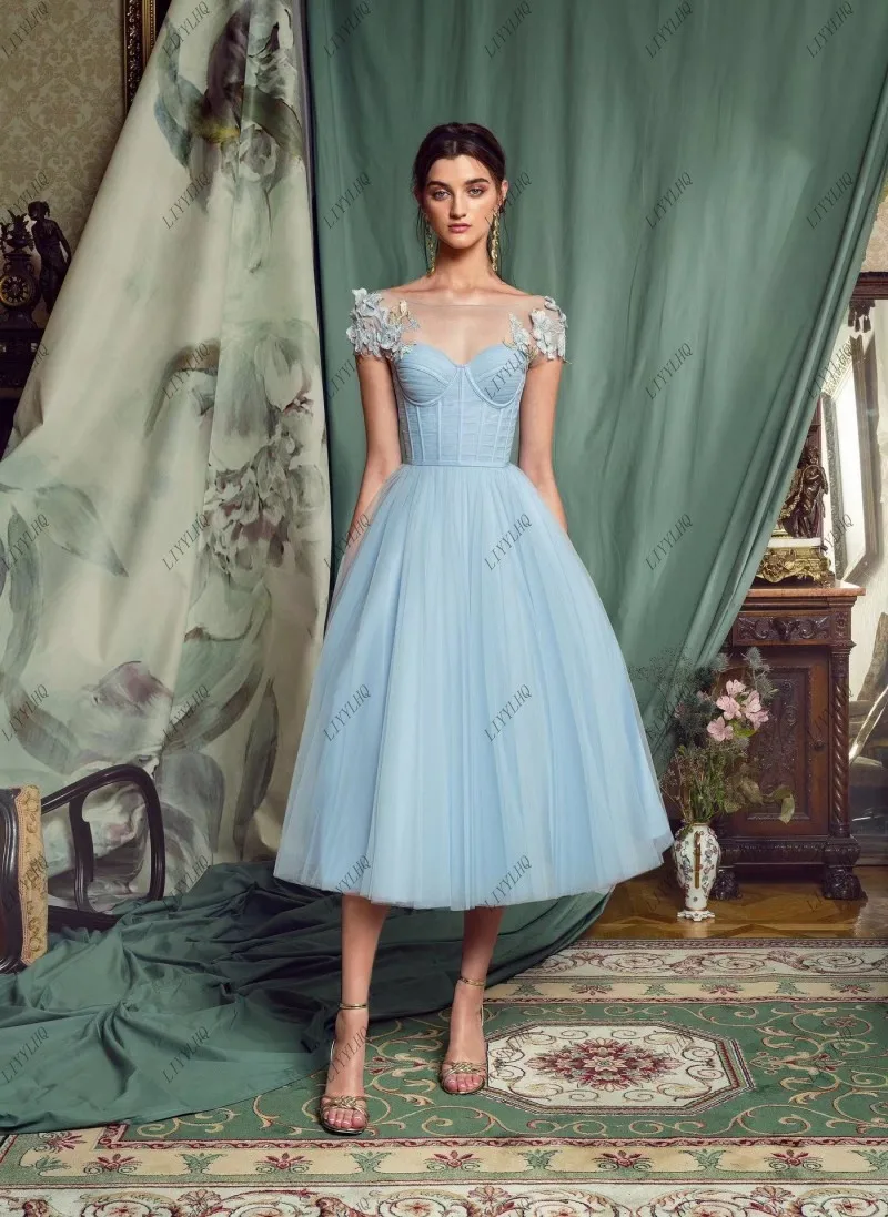 LIYYLHQ Sky Blue Tea Length Prom Dresses Princess A Line Short Appliques Celebrity Evening Gown robes de soirée Customized