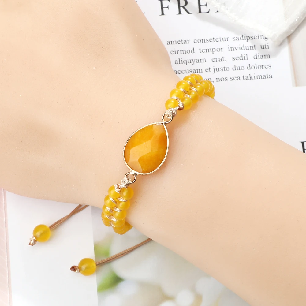 Natural Stone Pendant Bracelet Round Square Yellow Chalcedony 4mm Bead Braided Rope Fashion Charm Bangles For Woman Man Jewelry