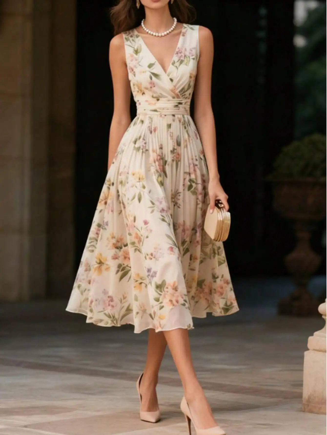 

Women's Floral Print V-Neck Pleated Sleeveless Midi Dress for Spring Summer