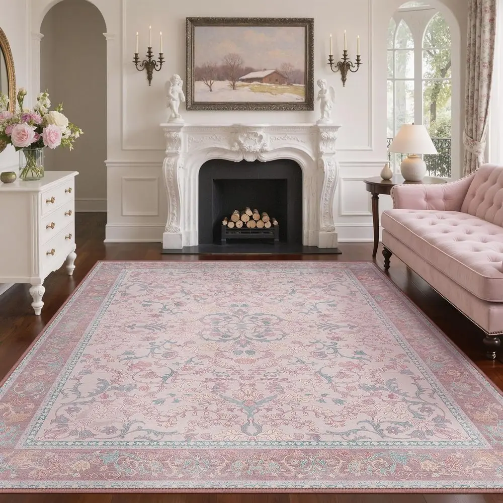 

Pink 8x10 Boho Floral Rug - Soft, Washable, Water-Resistant Area Rug for Nursery, Living Room, Playroom, and Home Office