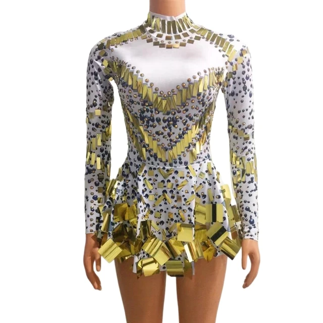 Glänzendes Spiegelkleid für Damen, modisches Partykleid, schwarz, elastisch, hoher Kragen, cooles Bühnen- und Tournee-Outfit, Nachtclub-Tänzerin, kurzer Rock – Detail 3