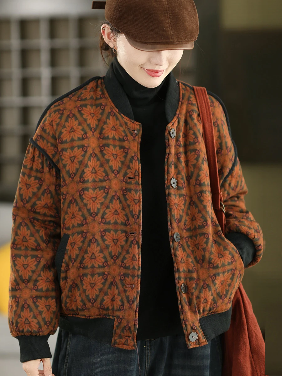 

Утепленная хлопковая куртка для женщин с принтом и пэчворком, зимнее пальто, теплая хлопковая одежда, круглый вырез, длинный рукав, застежка на одну пуговицу