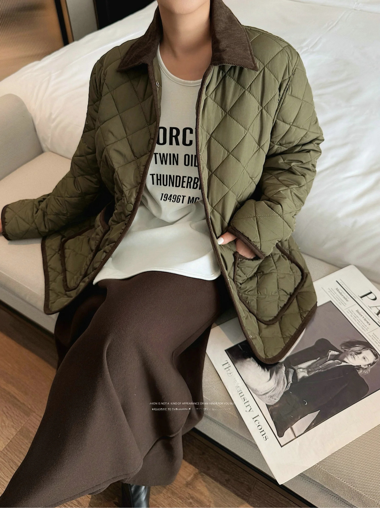 

JINGONI Corduroy Patchwork Collar Diamond Pattern Cotton Jaet Women's Jaet Loose Casual Autumn Winter New Korean Sle