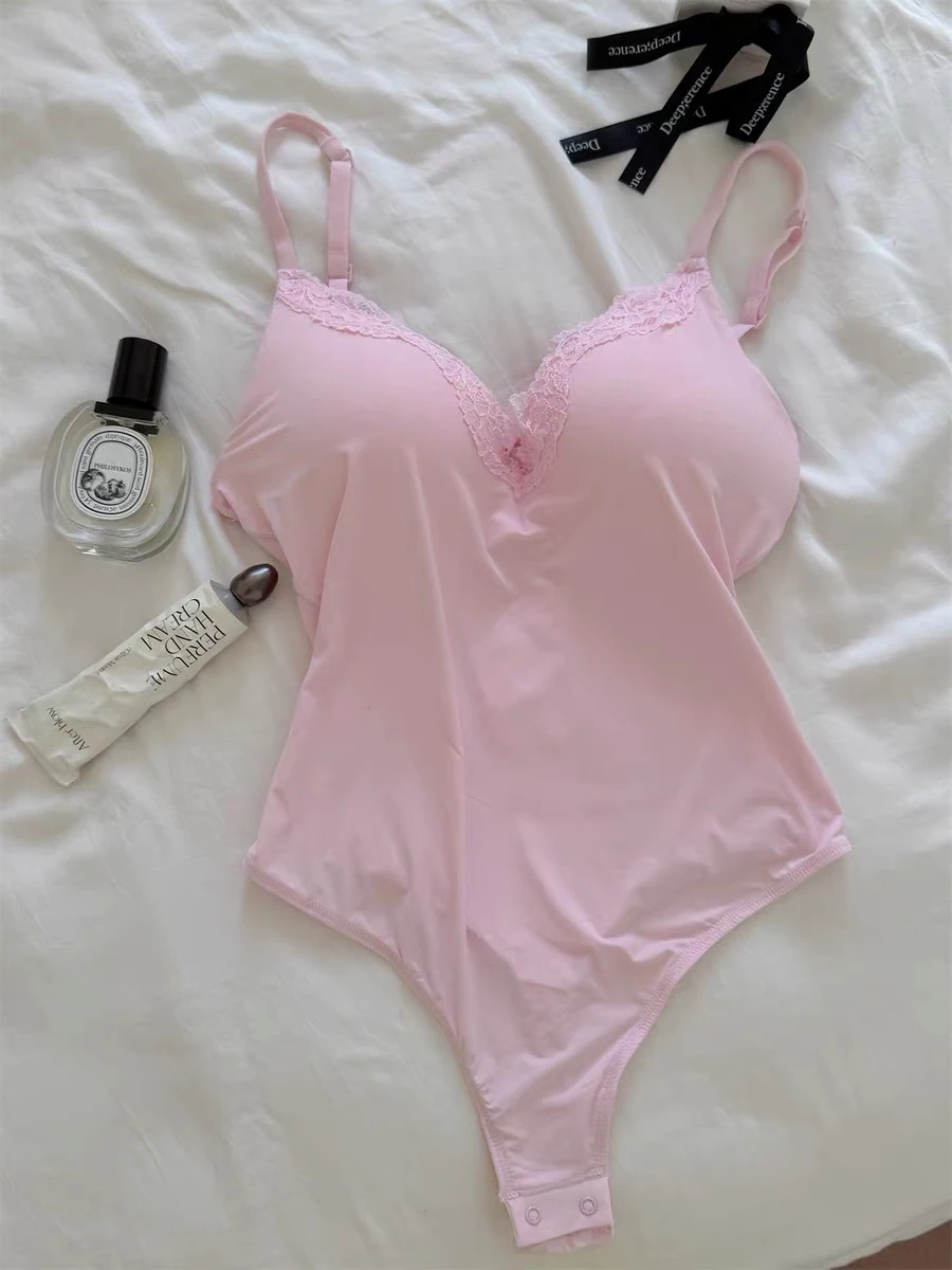 Spitzenbesetzter BH-Pad-Body für Damen, V-Ausschnitt, sexy, rückenfrei, ärmellos, Camisole, einfarbig, süß, hohe Elastizität, Shapewear-Unterwäsche