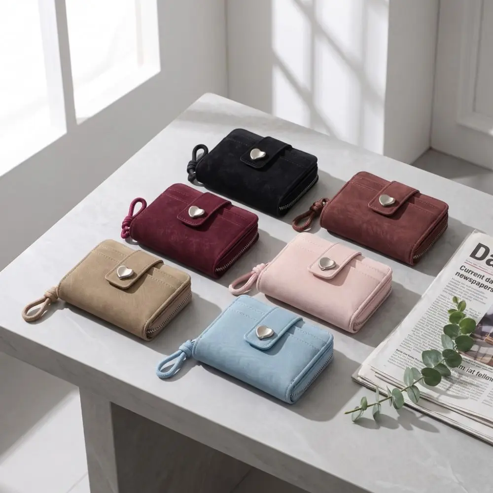 All-Match PU Leather Short Wallet Heart Buckle Multiple Card Slots Card Holder Soft Texture Compact Size Coin Purse Portable