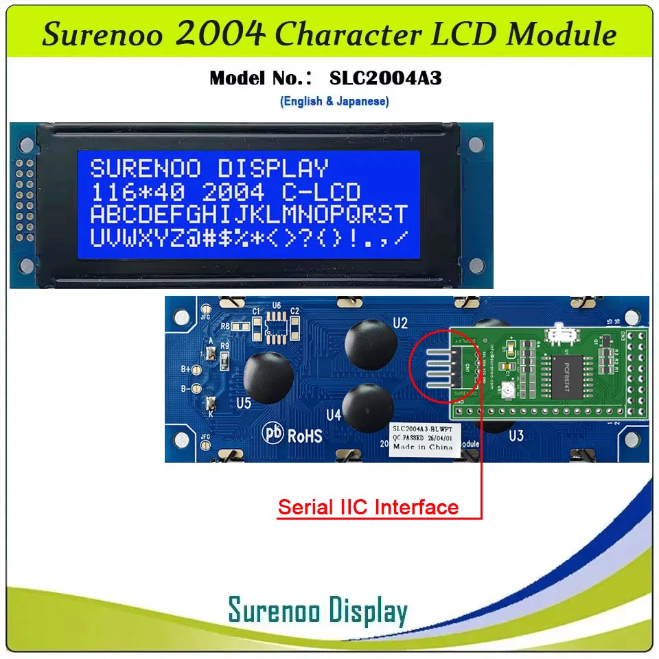 Surenoo 116*40MM 2*8Pin 204 20X4 2004 6800 IIC I2C Caratteri Modulo LCD Display Schermo LCM Bianco Retroilluminazione A LED Inglese Giapponese