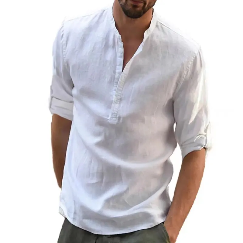 Men\'s Casual Stand Up Collar, Solid Color Long Sleeve Linen Shirt, Trendy Breathable Loose Youth Model