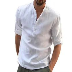 Men's Casual Stand Up Collar, Solid Color Long Sleeve Linen Shirt, Trendy Breathable Loose Youth Model