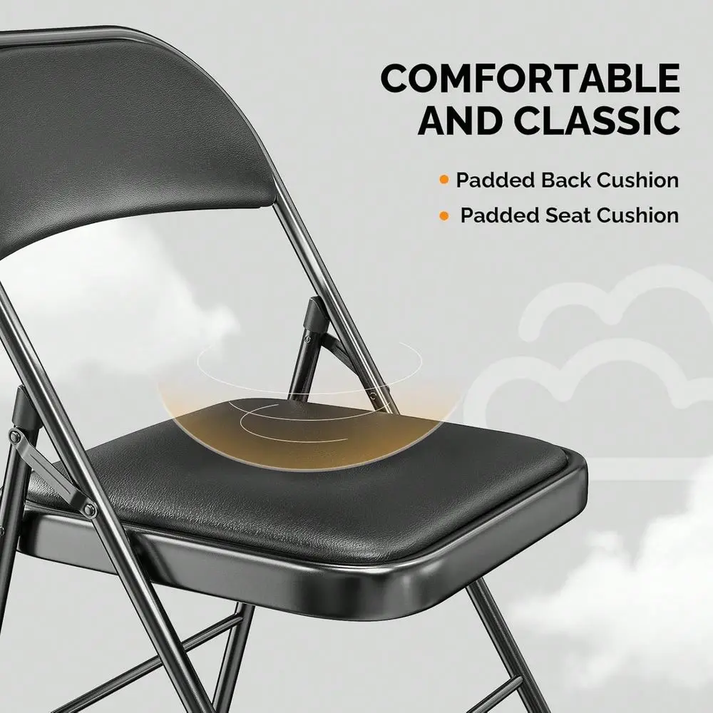 

1 Pack Folding Chairs With Padded Seats, Metal Frame With Pu Leather Back, Capacity 350 Lbs, Set Of 1, Black