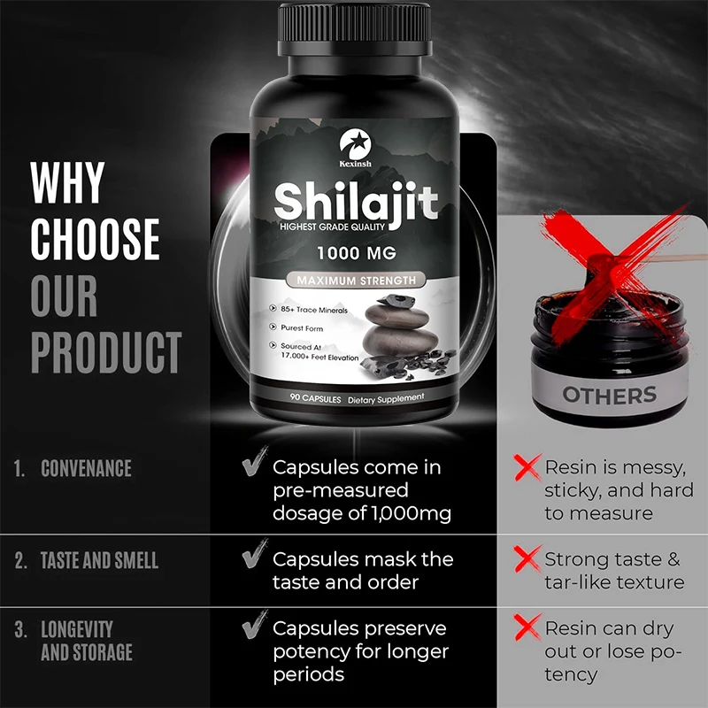 Kexinsh Shilajit cápsulas para hombres, 100% puro, Original, 1000mg, fuerza máxima, mejora el sistema inmunológico, energía, Sexo de larga duración